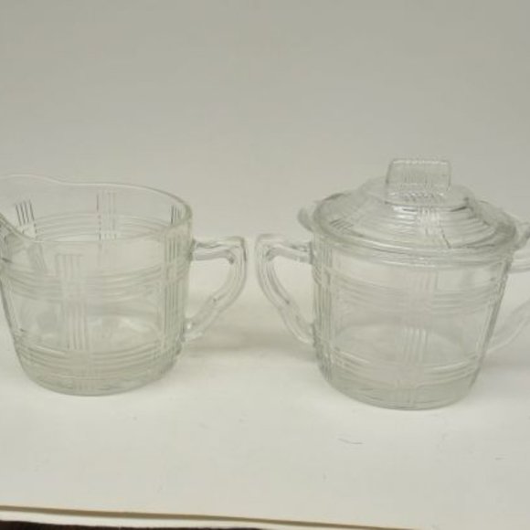Hazel Atlas Crystal CRISS CROSS CRISSCROSS Creamer, Sugar Bowl and Lid - Scarce - Picture 2 of 4